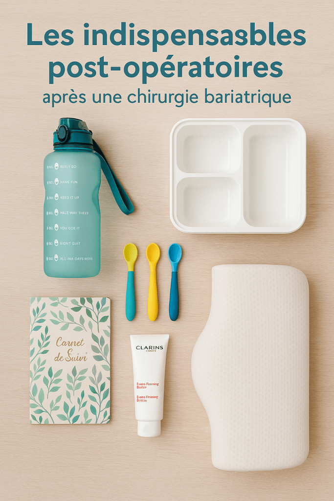 Photo réaliste des objets utiles après une chirurgie bariatrique : gourde, boîte compartimentée, cuillères, carnet, crème raffermissante, oreiller ergonomique.