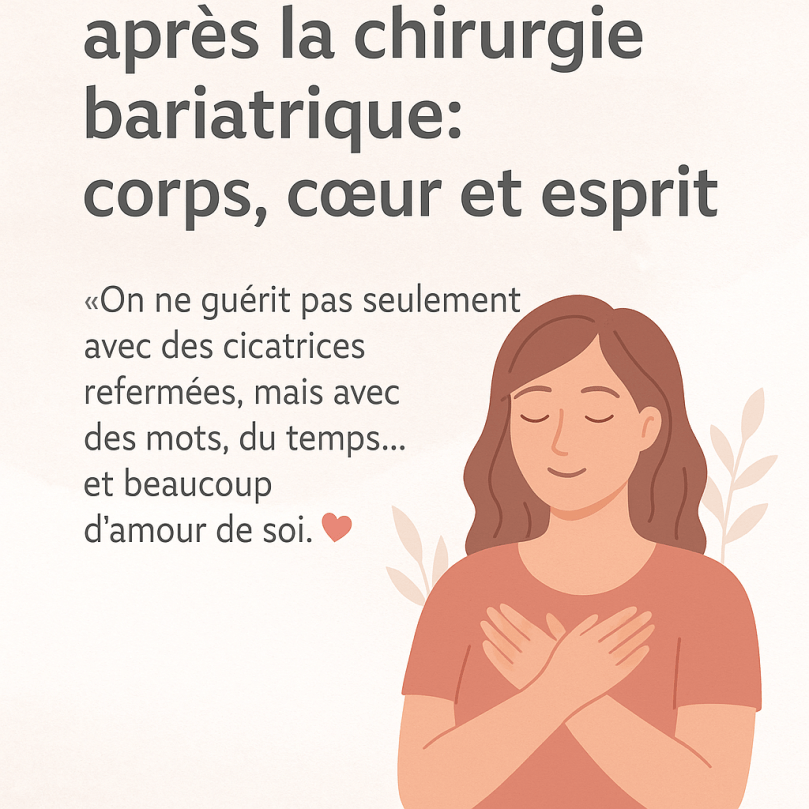 Illustration douce et pastel d'une femme paisible les yeux fermés, les mains croisées sur le cœur. À côté, le texte en français : "Se reconstruire après la chirurgie bariatrique : corps, cœur et esprit", suivi de la citation "On ne guérit pas seulement avec des cicatrices refermées, mais avec des mots, du temps… et beaucoup d’amour de soi."
